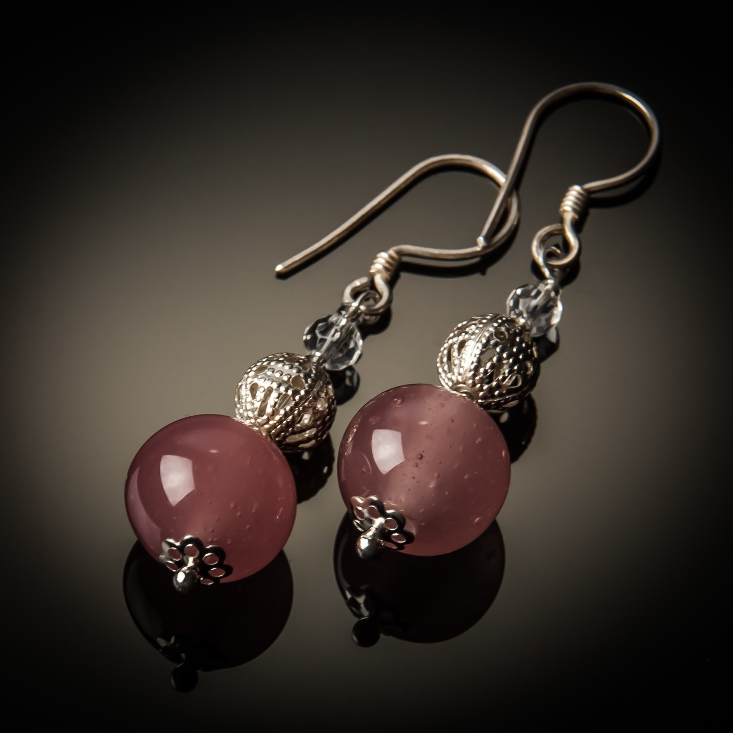 Pink Glass Bead Sterling Silver Earrings