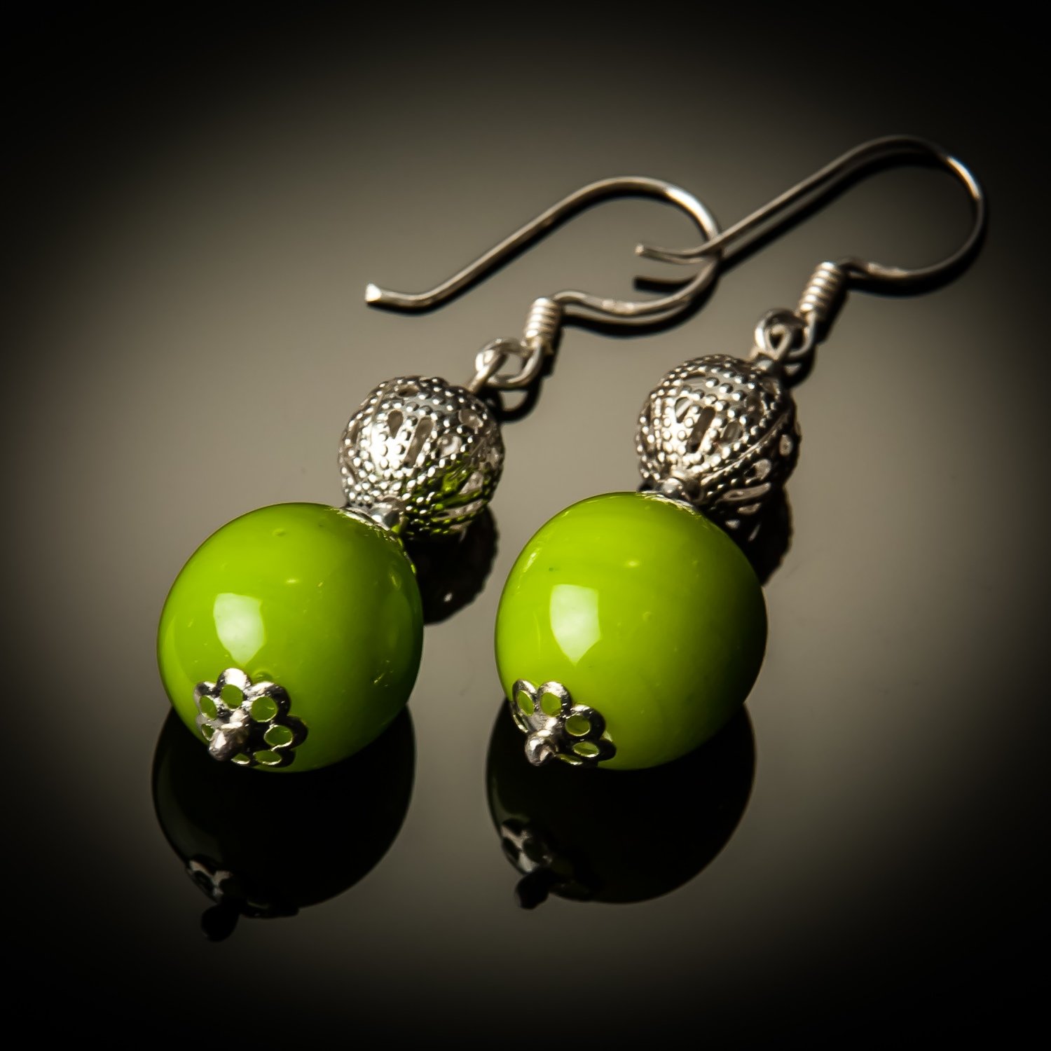 Green Glass Bead Sterling Silver Earrings