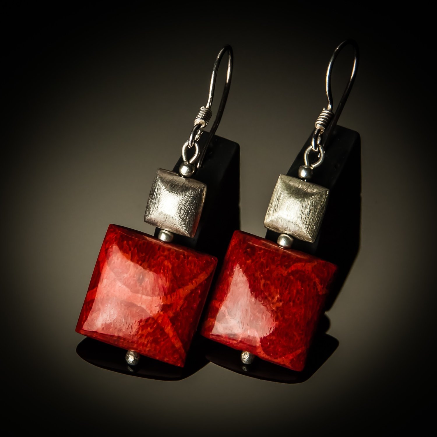 Red Coral Square Sterling Silver Earrings