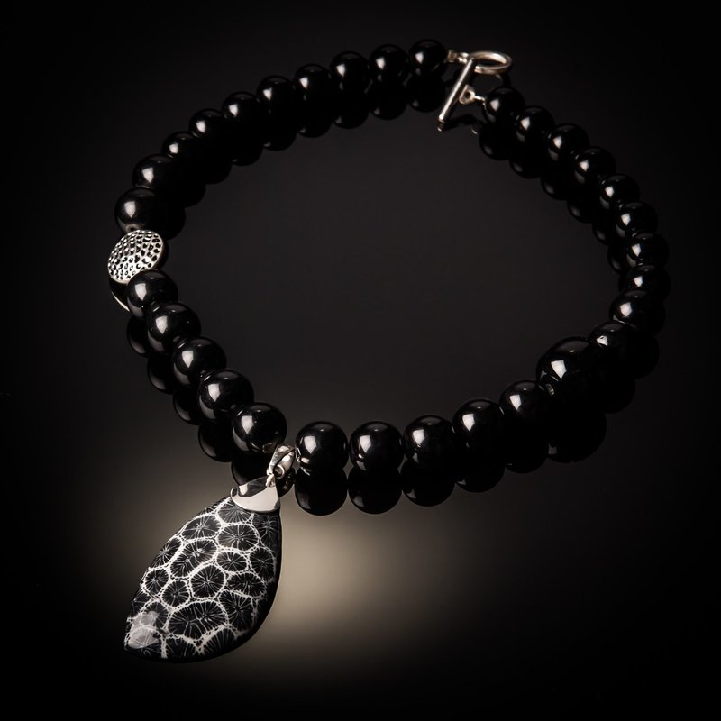 Black Coral Pendant With Black Agate Beads.