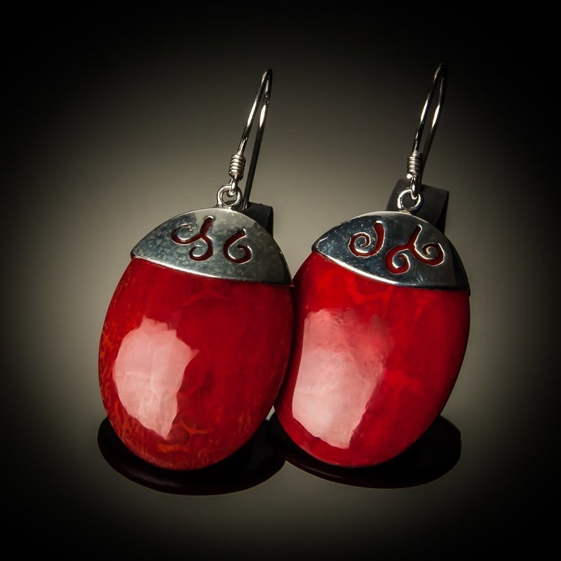 Red Coral Oval Sterling Silver Earrings