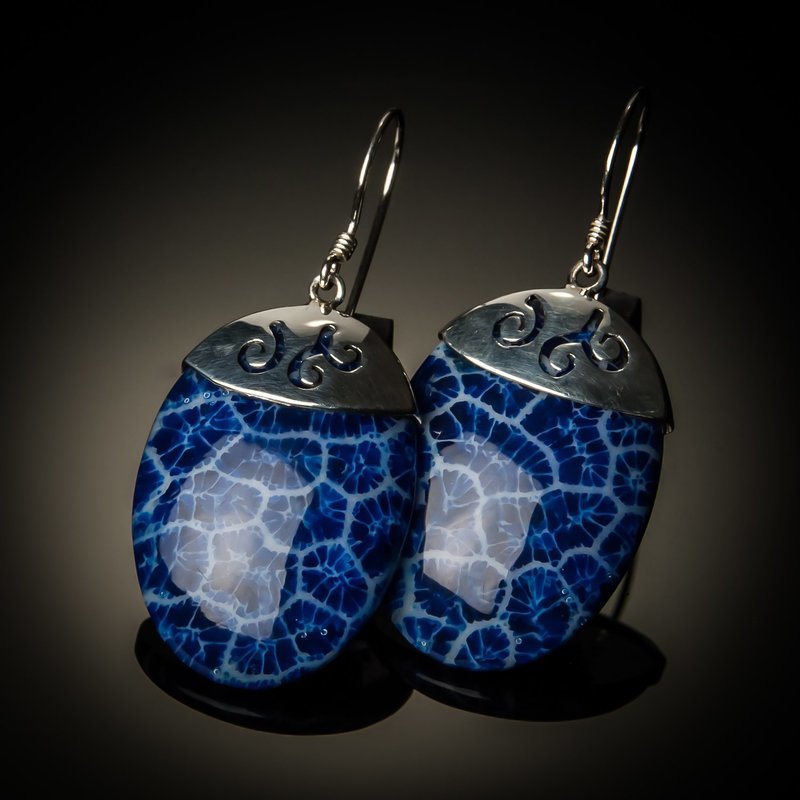 Blue Coral Oval Sterling Silver Earrings