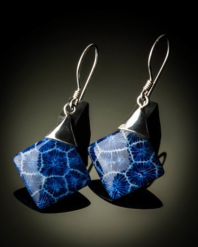 Blue Coral Diamond Shaped Sterling Silver Earrings