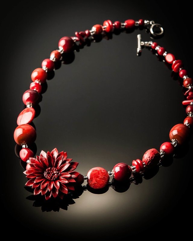 Red Coral Red Leather Flower Necklace