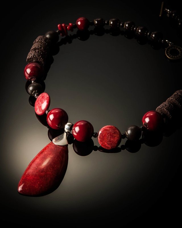 Red Coral Brown Lava Necklace