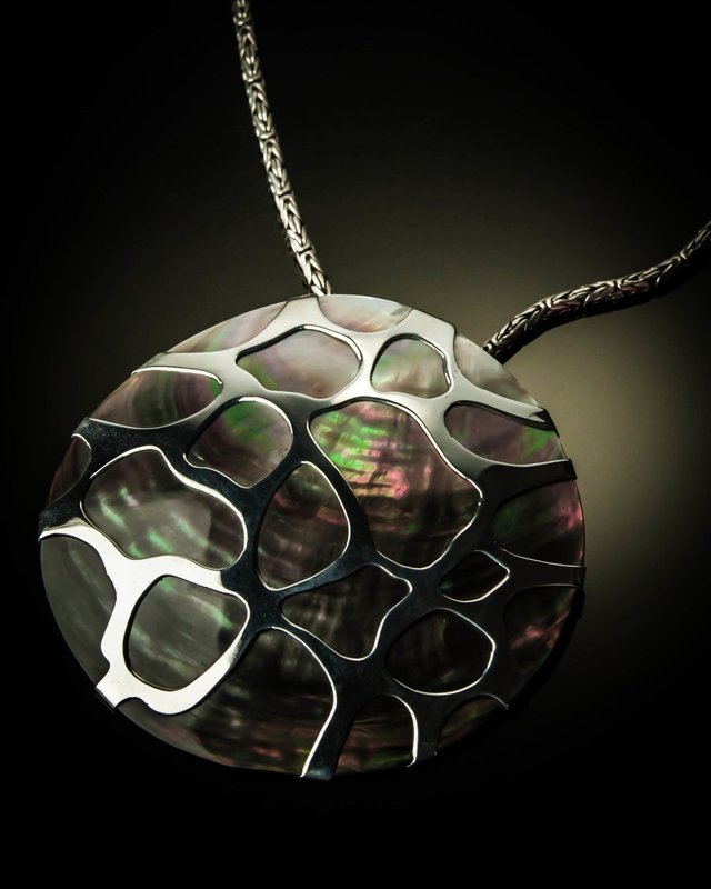 Gray Mother of Pearl XL Cobweb Sterling Silver Pendant