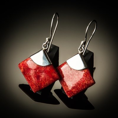 Red Coral Diamond Sterling Silver Earrings- Large