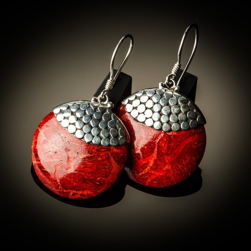 Red Coral Round Sterling Silver Earrings