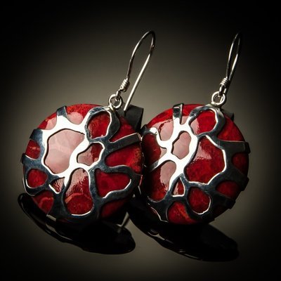Red Coral Sterling Silver Cobweb Design Earrings