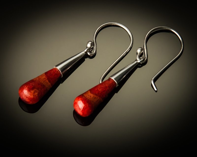 Red Coral Cone Sterling Silver Earrings-small