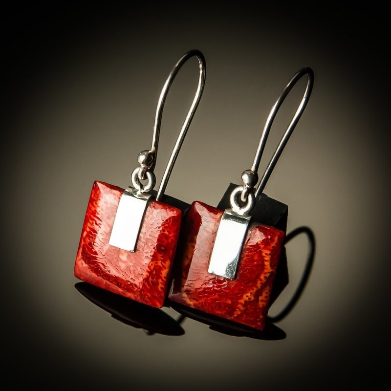 Red Coral Square Sterling Silver Earrings- Small
