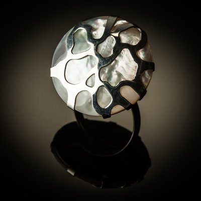 White Mother of Pearl Sterling Silver Cobweb Design Ring