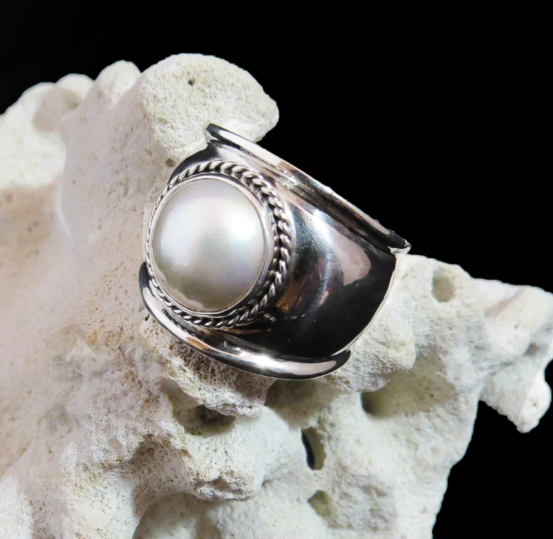 White Mabe Pearl Sterling Silver Ring