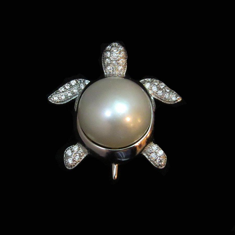 Sterling Silver Mabe Pearl w/Crystals Turtle Pendant