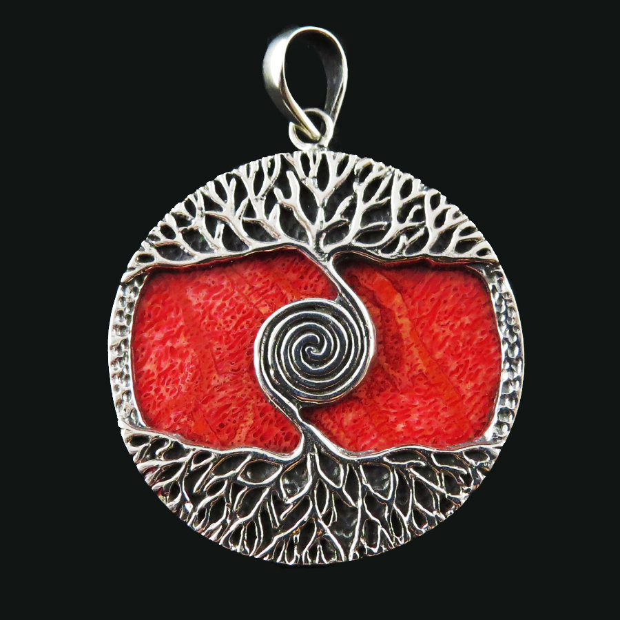 Red Coral Sterling Silver Tree of Life Pendant