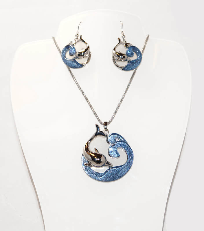 Wave and Dolphin Necklace and Earring Set