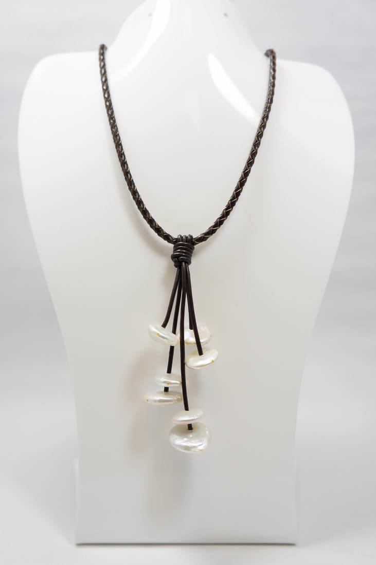 Black Leather with White Coin Pearl Necklace