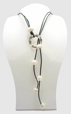 Gray Leather with White Pearl Lariat Necklace