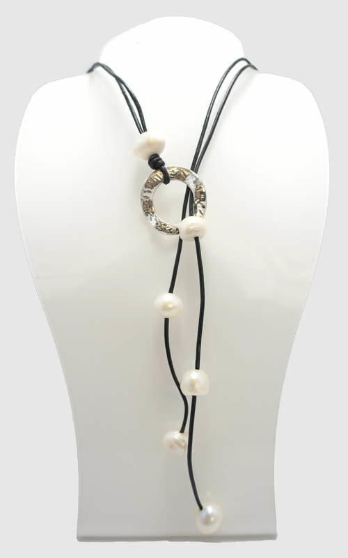 Gray Leather with White Pearl Lariat Necklace