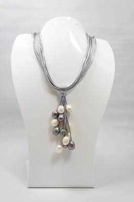 Grey and White Pearls with Silver Leather