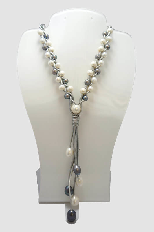Gray Leather Braided with Gray and White Pearls