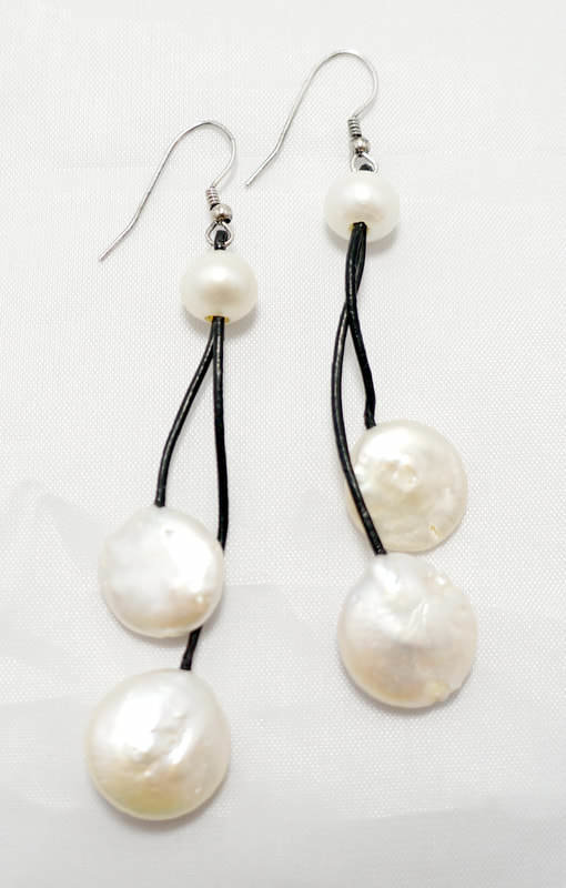 Black Leather with White Coin Pearl Earrings