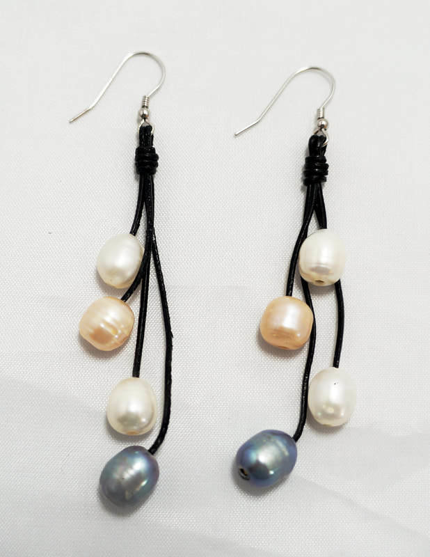 Black Leather with Multi-Color Pearls Earrings