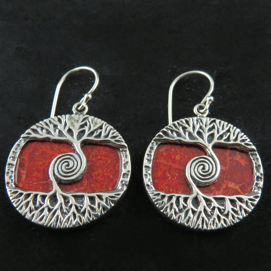 Red Coral Tree of Life Earrings