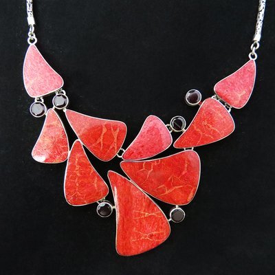 Red Coral with Garnet Sterling Silver Necklace