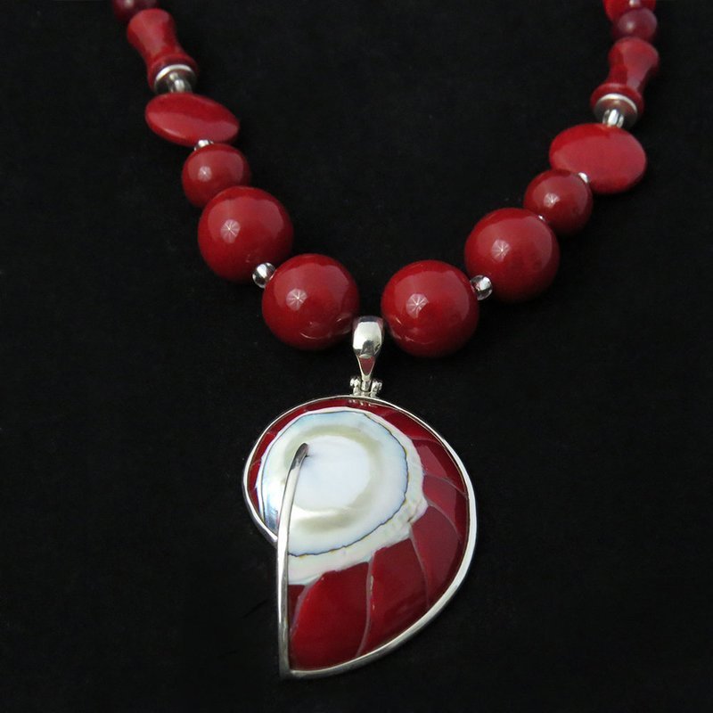 Red Coral Necklace with Nautilus Shell Penant