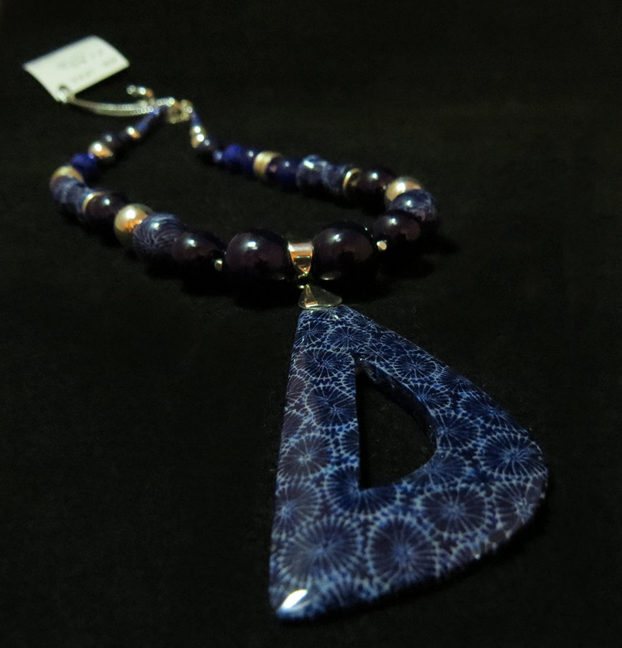 Blue Coral Pendant With Blue Coral Beaded Necklace