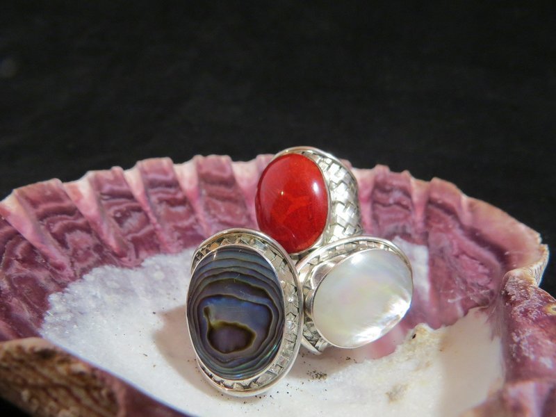 Sterling Silver Red Coral Cross-Hatched Ring