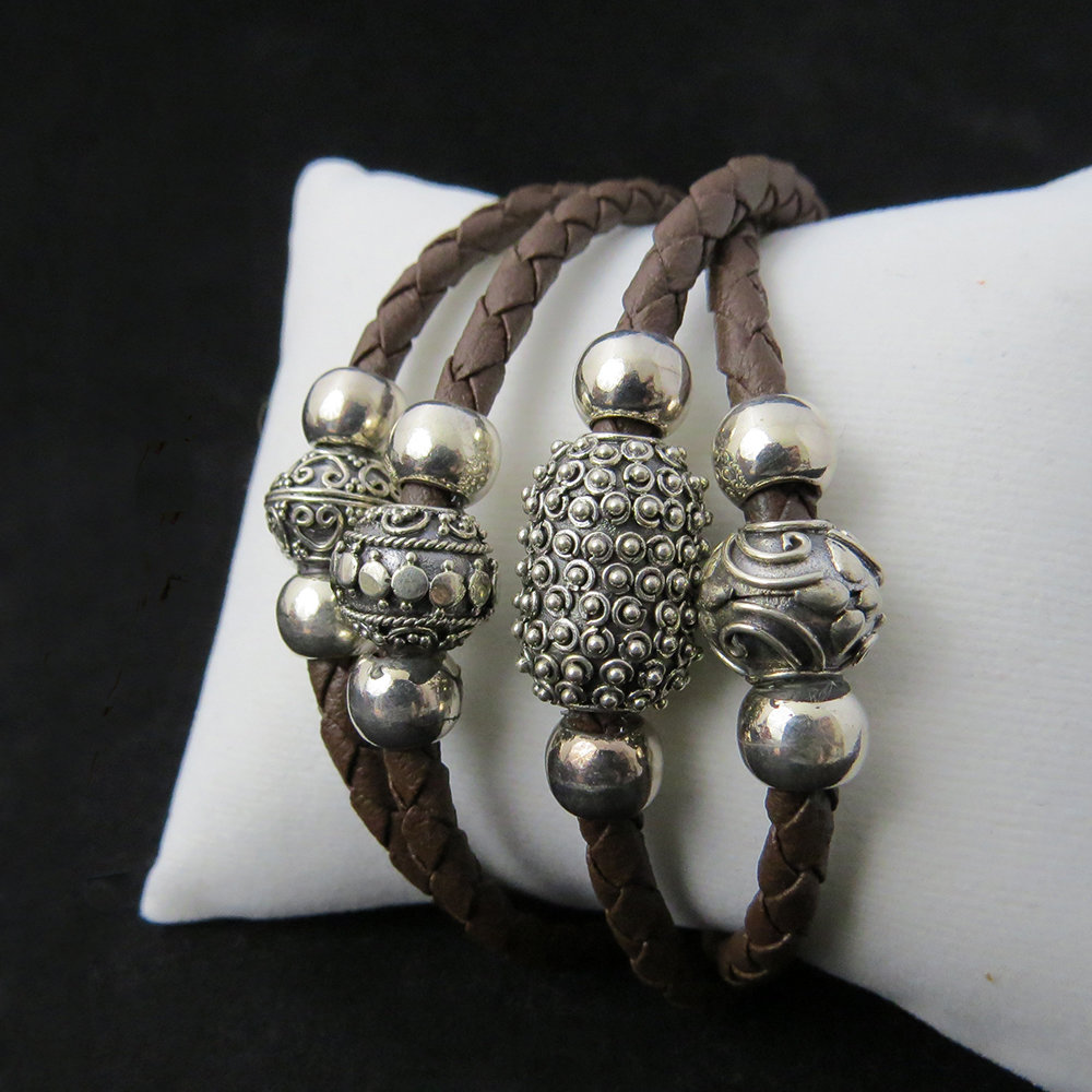 Brown Leather Bali Sterling Silver Beads