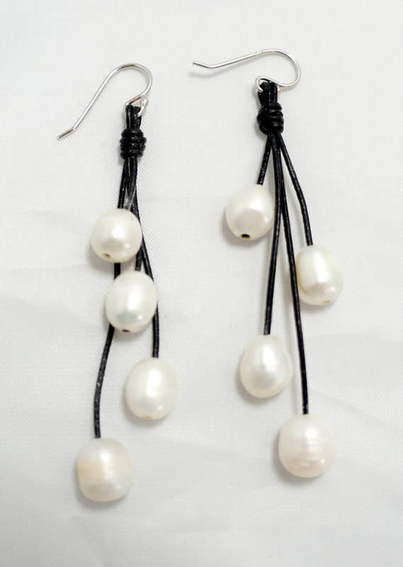 Black Leather with White Fresh Water Pearl Earrings