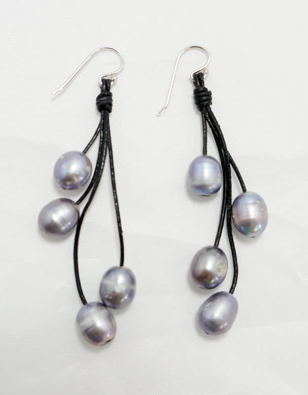 Black Leather with Gray Fresh Water Pearl Earrings