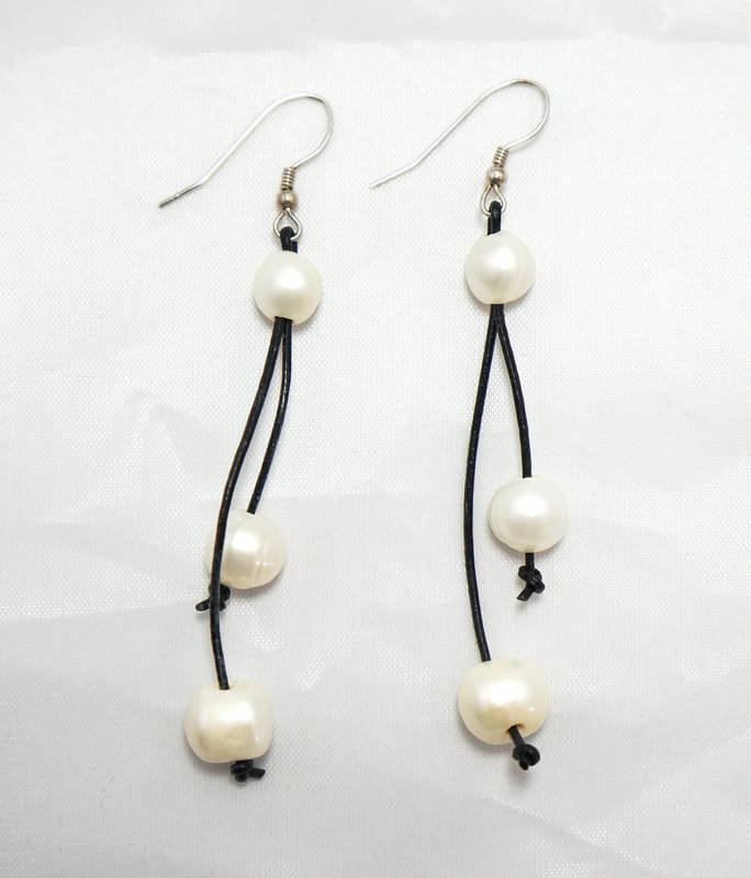 Black Leather with Two White Fresh Water Pearls