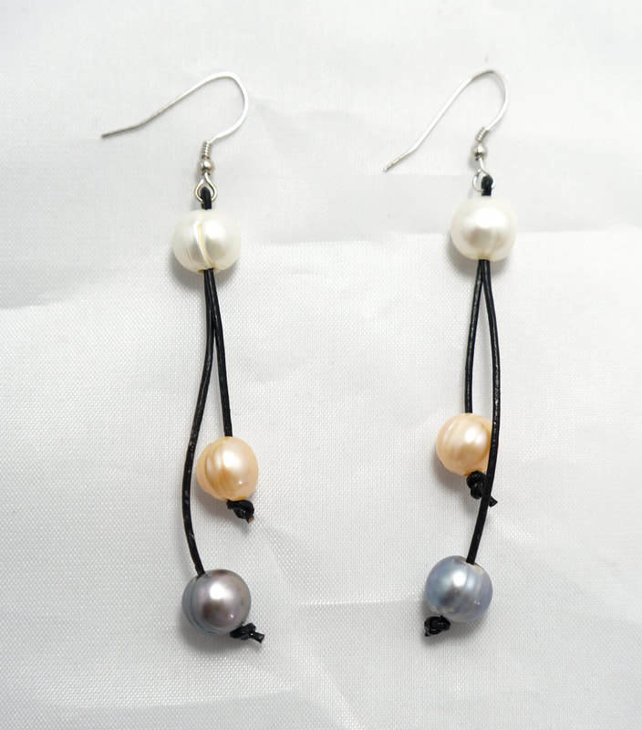 Black Leather with Two Multi Color Pearl Earrings