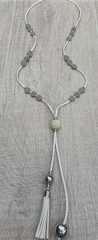 Leather Cream with Gray Coin Beads