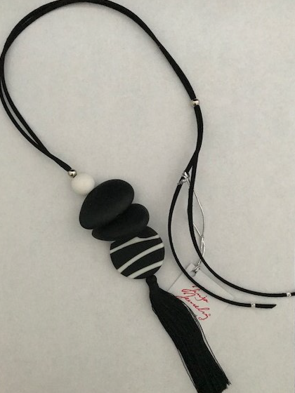 Black Leather Black White Stripe Sm Bead with Tassel