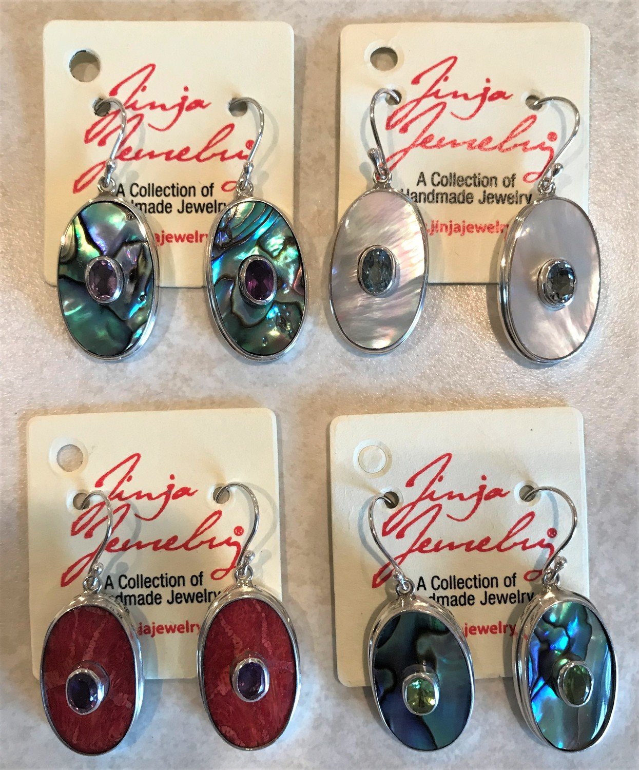 Sterling Silver Ovals With Gemstones Red Coral Abalone or Mother of Pearl