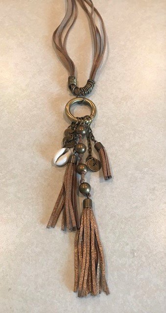 Boho Tan Long Leather Tassel Coin Necklace