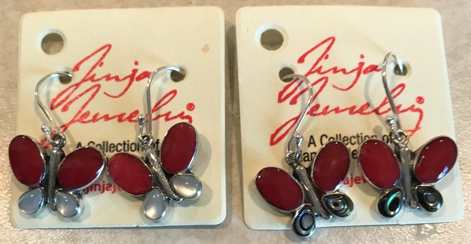Red Coral and Abalone Butterfly Earrings