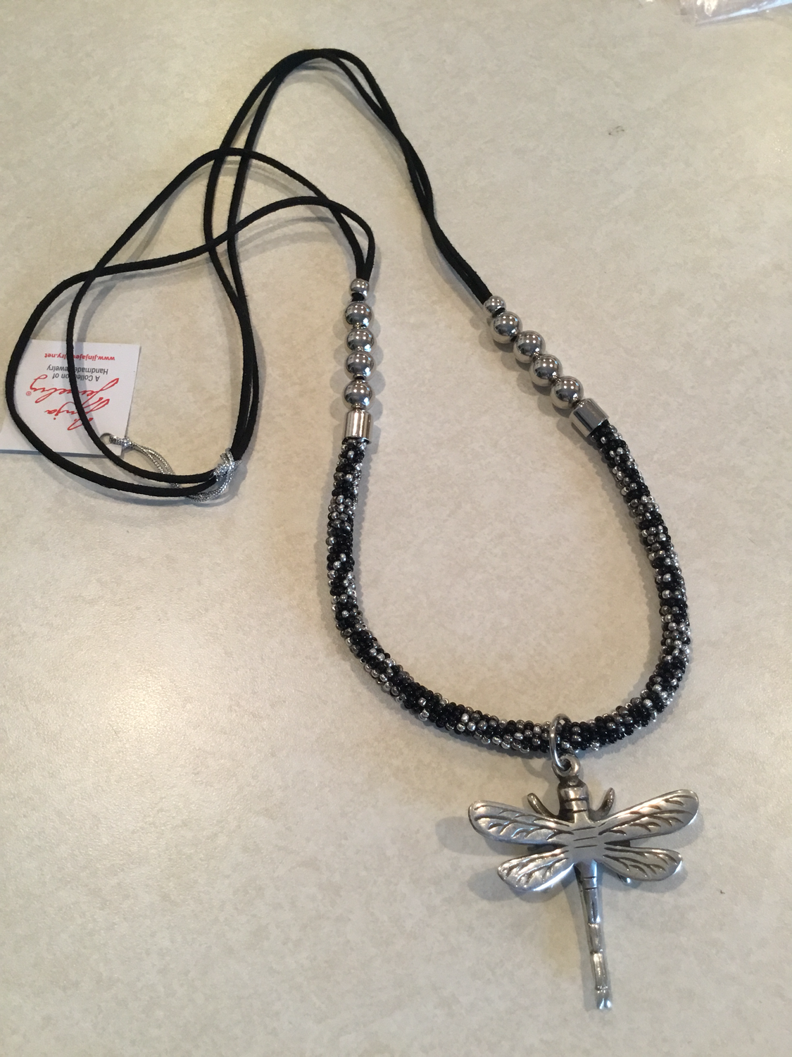 Black Leather/Black White Beads