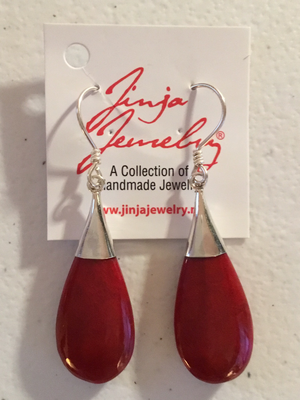 Sterling Silver Red Coral Teardrop Earrings 