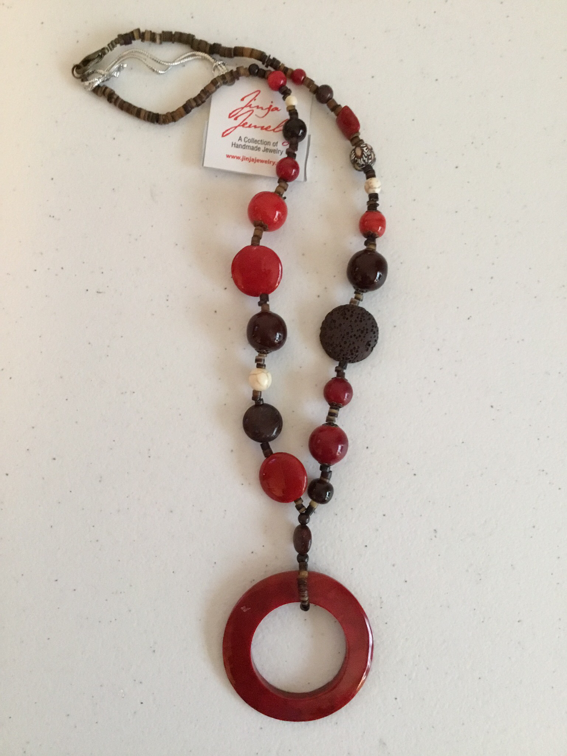 Red Coral Pendant Beads And Brown Lava Rock 