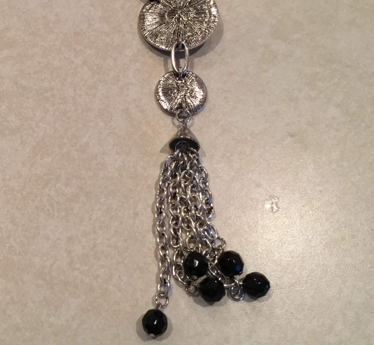 Black Leather Medium Length With Silver Coins Tassel with Beads