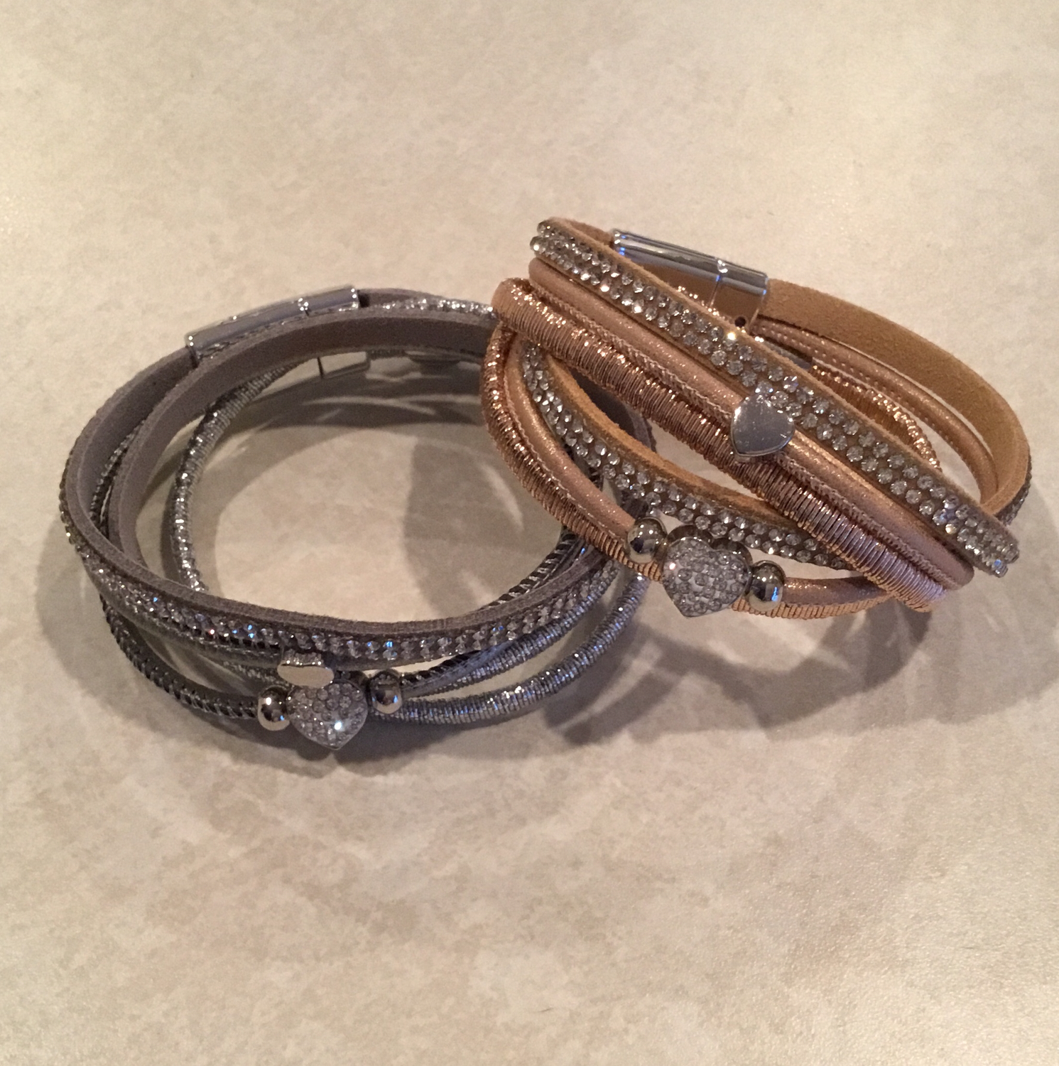Leather Wrap Bracelet With Heart Bling in Dark Gray or Tan.