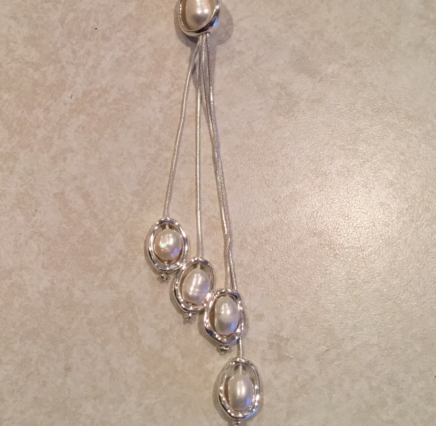 Silver Long Slinky With Pearl Drop Necklace 