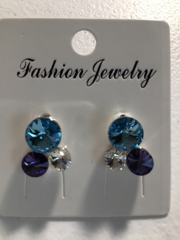 Three Crystal Blue, Clear And Lavender Earrings