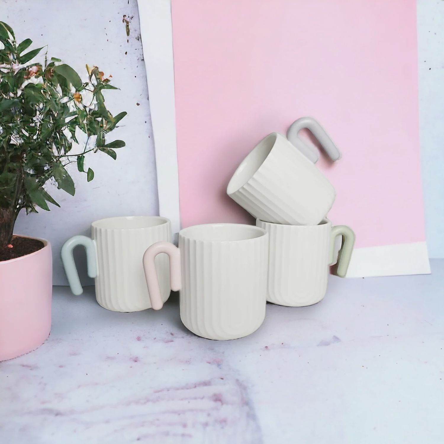 Matte White Scallop Mug with Pastel Colour Handle